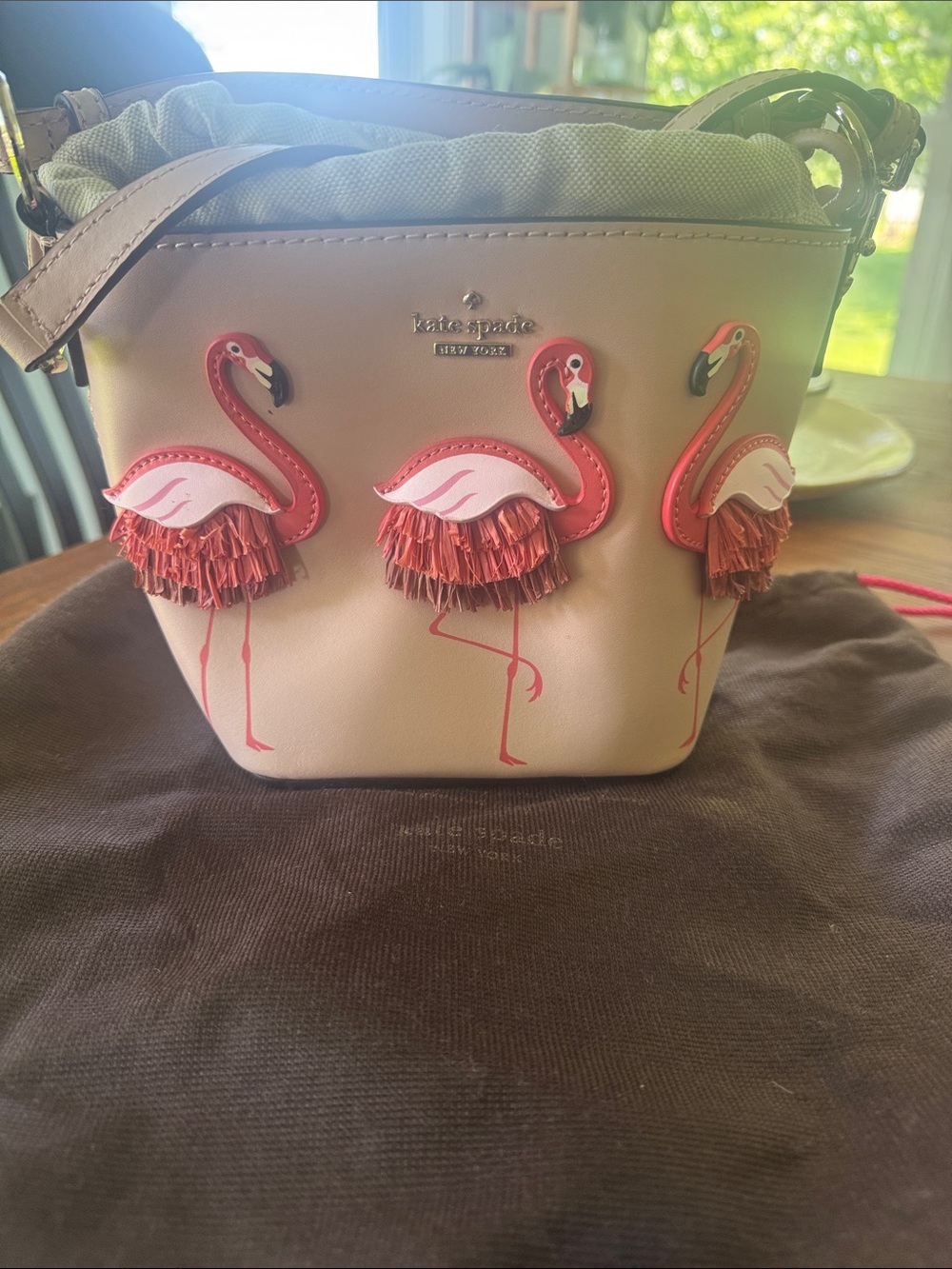 kate spade Beige Crossbody Bag with Pink Flamingo Appliqués